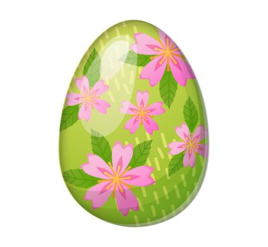 Pembe sakura çiçekleri ve yaprak desenli parlak yeşil Paskalya yumurtası. Japon çiçeklerinden esinlenilmiş zarif bir bayram süsü. Bayram tasarımları, mevsimlik baskılar ve bahar temalı çizimler için mükemmel. Yüksek kaliteli 3B vektör oluşturma