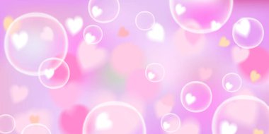 Açık pembe ve parlak pembe bir arka plan. Parlayan kalp kabarcıkları ve rüya gibi bir bokeh etkisi. Bu canlı ve romantik illüstrasyon Sevgililer Günü tasarımları ve düğün kırtasiyesi için ideal.