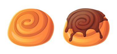 İki çizgi film tarzı tarçınlı rulo, biri sade ve biri çikolata jöleli. Beyaz arka planda izole edilmiş lezzetli hamur işleri, yemek temalı tasarımlar ve fırınla ilgili görseller için mükemmel..