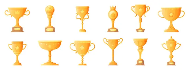 Benzersiz tasarımları ve temelleri olan parlak altın kupa çizimleri koleksiyonu.