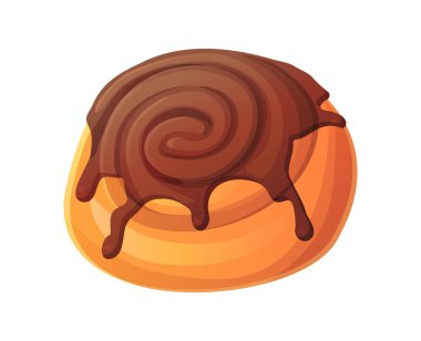 Zengin çikolata jöleli tarçınlı tarçınlı çörek. Altın kıvrımlı bir pastanın üzerine parlak bir tepsi damlıyor. Tatlı tasarımları ve fırın görselleri için vektör gıda öğesi.