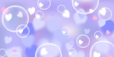 Yüzen kalp kabarcıkları ve narin rüya gibi bir bokeh etkisi olan pembe ve mavi bir arkaplan. Bu yumuşak ve havadar illüstrasyon romantik ve nazik bir atmosfer yaratıyor, aşk temalı tasarımlar, düğün davetiyeleri, tebrik kartları için mükemmel.,