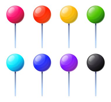 Canlı pembe, mor, turuncu, kırmızı ve beyaz renklerde beş parlak iğne simgesinden oluşan bir vektör çizimi. Bu yuvarlak başlı iğnelerin yansıtıcı bir yüzeyi ve ince bir metal iğnesi var. Bu da onları ofis malzemeleri için mükemmel yapıyor.