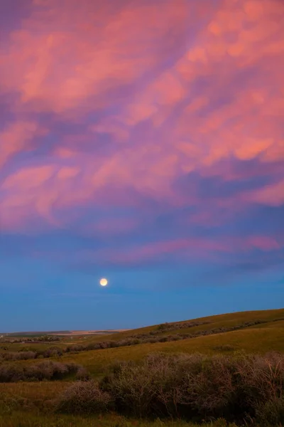 Moonrise Bij Zonsondergang Een Hooiveld Het Zuiden Van Alberta Canada Stockafbeelding