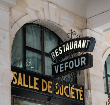Paris, France - February 10 2023: Vefour sign, a famous restaurant in the Palais Royal district