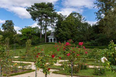 Bagatelle parkında arka planda imparatoriçe büfesi olan gül bahçesi. Paris, Fransa yakınlarındaki Boulogne-Billancourt 'da yer almaktadır.