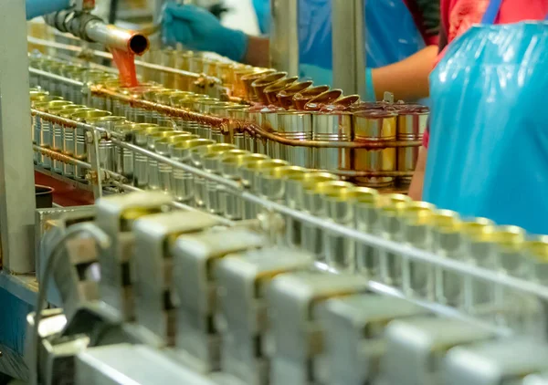 Canned fish factory. Food industry.  Sardines in red tomato sauce in tinned cans on conveyor belt at food factory. Blur workers working in food processing production line. Food manufacturing industry.