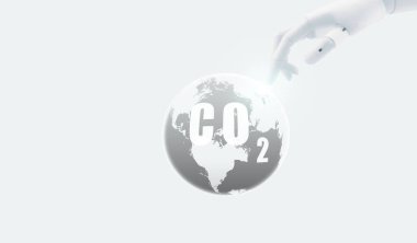 CO2 yakalama konsepti. Robot el, dünya haritasında karbondioksite dokunuyor. Karbon yakalama teknolojisi. Sera gazı. Yapay zeka teknolojisi karbondioksiti azaltır. Yapay zeka ve çevre koruması.