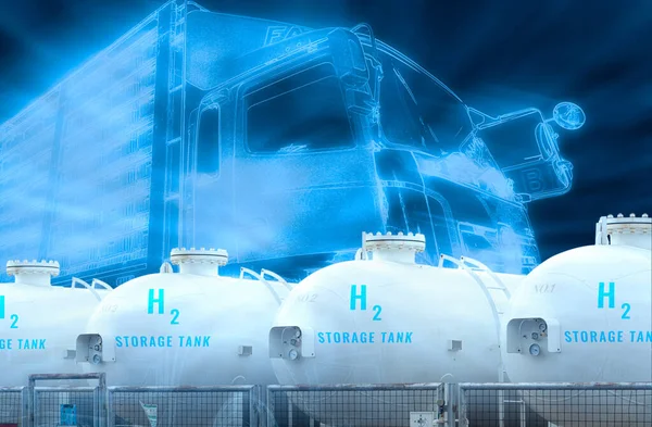 Electric truck with H2 fuel storage tank. Blue hydrogen concept. Electric vehicle trailer truck. Sustainable energy. Net zero emissions by 2050. Commercial logistic truck transport with green power.