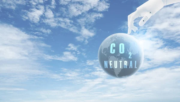 Carbon neutral concept. Robot hand touch CO2 neutral in globe map on blue sky background. Carbon neutral web banner. Global carbon neutrality concept. AI and environmental protection concept.