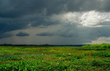 Natural water reservoir. Water sustainability. Landscape of green grass field and overcast sky. Fresh water for human consumption and use in agriculture. Sustainable sources of water. Carbon capture.