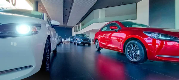 Car parked in luxury showroom. Car dealership office. New red car parked in modern showroom. Auto for sale and rent business concept. Automobile leasing and insurance concept. Car dealer company