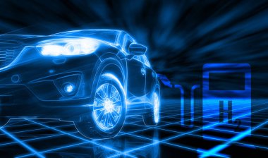 Hidrojen yakıt istasyonunda H2 'yi dolduran elektrikli araba. H2 yakıtlı hücre aracı. Sıfır ağ emisyonu. Gelecek enerjisi. Fütürist araç konseptinde hidrojen arabası. Sürücüsüz otonom araç. Kendi kendine giden araba.