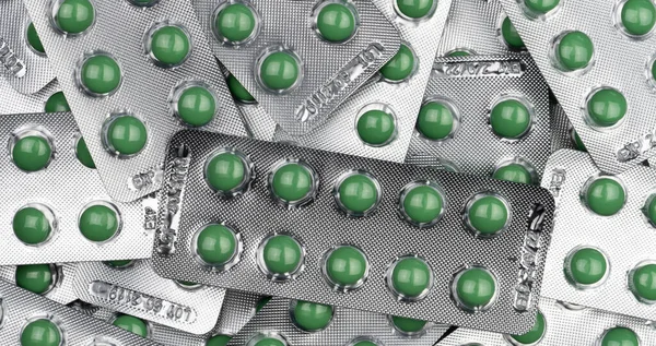 Pillole Rotonde Verdi Full Frame Blister Medicina Prescritta Vista Dall — Foto Stock