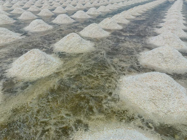 海塩農場 塩の塩の山 塩産業の原料 塩化ナトリウム鉱物 海水の蒸発と結晶化 白塩の収穫 農業産業 伝統的な農場 — ストック写真