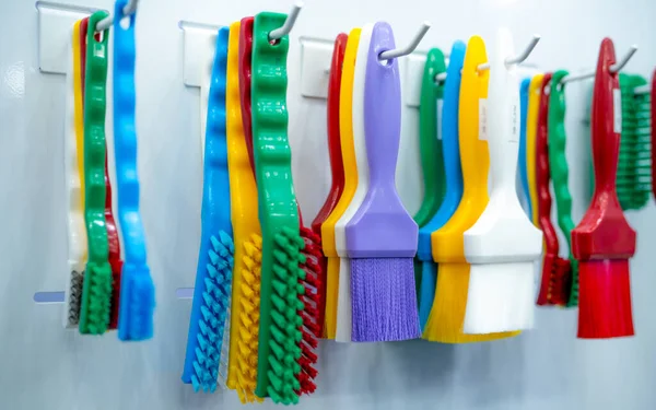 Escovas Penduradas Prateleira Escovas Vidro Higiene Codificadas Por Cores Escovas — Fotografia de Stock