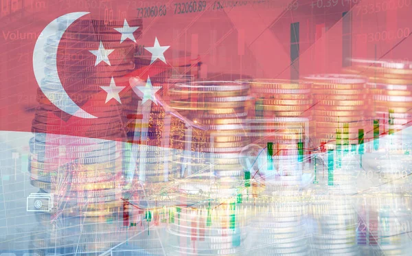 シンガポールの金融市場は 株式取引 外国為替取引 デジタル投資の焦点として立っています シンガポールの旗 成長チャート コインスタック 金融投資事業について ロイヤリティフリーのストック写真