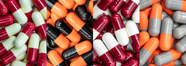 Full frame colorful antibiotic capsule pills. Pharmacy banner. Prescription drug. Antibiotic drug resistance. Pharmaceutical industry. Pharmacology. Health and medical care concept. Antibiotic drugs.