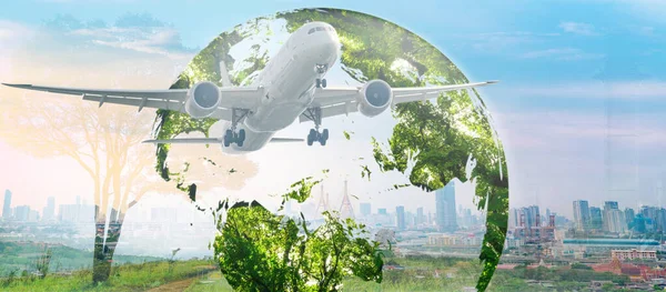 Conceito Combustível Aviação Sustentável Voo Emissões Líquidas Zero Transporte Sustentável Fotografia De Stock