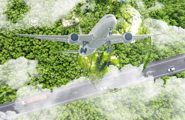 持続可能な航空燃料コンセプト ゼロエミッションフライト 持続可能性の輸送 エコフレンドリーな航空燃料 エアトラベル グリーンイノベーションによるフライトの未来 飛行機はバイオ燃料エネルギーを使用する ストックフォト