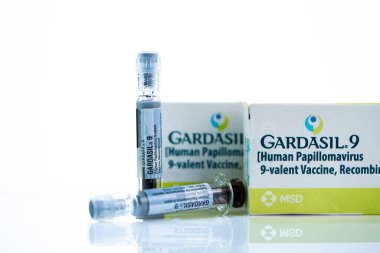 CHONBURI, THAILAND-EPTEMBER 13, 2024: Gardasil 9 HPV aşı paketi ve önceden doldurulmuş şırınga. MSD 'nin 9 değerli rekombinant aşısı. İnsan papillomavirüsünün önlenmesi. Steril tıbbi ambalaj.