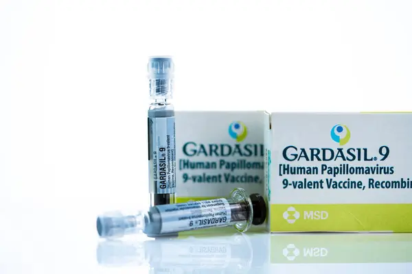 stock image CHONBURI, THAILAND-SEPTEMBER 13, 2024: Gardasil 9 HPV vaccine packaging with prefilled syringe. MSD's 9-valent recombinant vaccine. Prevention of human papillomavirus. Sterile medical packaging.