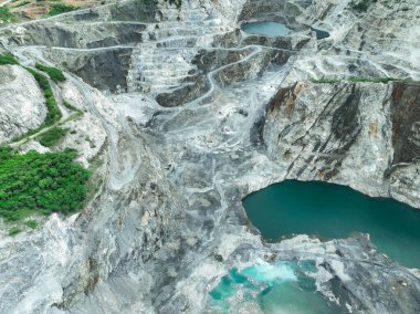 Açık maden endüstrisi. Kireç taşı ocağı kepçe ve kamyon çalışıyor. Madencilik endüstrisinde ve inşaat malzemelerinde ağır makineler. Endüstriyel bir bölgede kaynak çıkarma manzarası