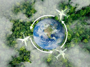 Sustainable aviation. Green flight technology. Use of renewable energy, sustainable aviation fuel, and innovation to reduce carbon emissions. Eco-friendly transportation. Earth image provided by Nasa. clipart