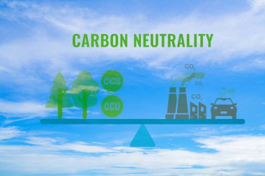 Carbon neutrality concept. CO2 emissions from factory and transport pollution counterweighted by forest absorption and CCU, CCS, capture technology. Climate action. CO2 neutral balancing scale. clipart