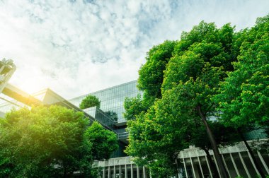 Sürdürülebilir yeşil bina. Çevre dostu bina. Karbondioksiti azaltmak için ağaç olan sürdürülebilir cam ofis binası. Yeşil çevresi olan bir ofis. Şirket binası karbondioksiti azaltır. Güvenlik camı..