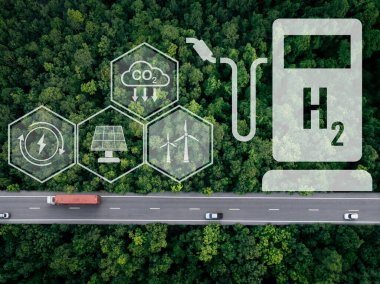 Yeşil hidrojen. Sürdürülebilir yenilenebilir enerji. Hidrojen yakıtlı hücre aracı. Sıfır emisyon arabası. Gelecek enerjisi. Yeşil teknoloji. Yeşil hidrojen enerji üretimi için güneş ve rüzgar enerjisi. Hidrojen ekonomisi.