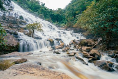 Arkasında yemyeşil bir orman olan güzel bir şelale. Su kayalardan aşağı akıyor ve güzel bir manzara yaratıyor. Bereketli ormanda su sürdürülebilirliğini destekleyen sürdürülebilir şelale.