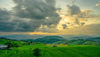Gün batımı, dağlardaki kırsal köylü yeşil tepeler ve pirinç tarlaları üzerine altın ışık saçıyor. Eko-yaşam ve sürdürülebilir tarım. Organik tarım. Sürdürülebilir yaşamın güzelliği.