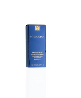 CHONBURI, THAILAND-APRIL 07, 2022: Liquid beige foundation from Estee Lauder displayed in elegant paper packaging, used to promote skincare and luxury makeup for fashion and beauty product marketing.