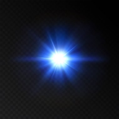 Vector illustration of light blue flash on transparent background. Explosion template. Realistic glowing burst star. Bright glare effect