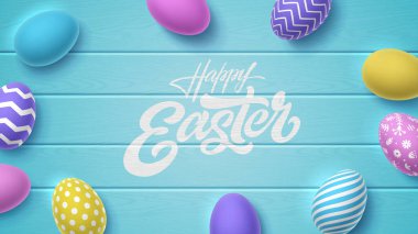 Lettering HAPPY EASTER with 3D painted eggs on blue background. Bright vector greeting card with typography and decorated egg. Colorful illustration, wallpaper for Christian holiday