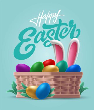 Lettering HAPPY EASTER. Volume realistic 3D wicker basket, painted eggs, rabbit ears on grass. Colorful vector template with typography for greeting card, banner. Spring Christian holiday