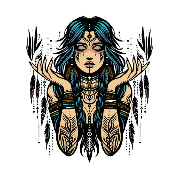 Prachtige Shaman Woman Portret Tribal Illustration Spirituele Essentie Mystieke Magie Rechtenvrije Stockillustraties