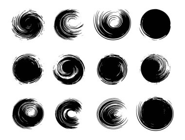 Beyaz yalıtılmış arka planda bir dizi kuru fırça darbesi, rozetler için yuvarlak siyah boya darbeleri, arka planlar ve grafik tasarım etiketleri. Vektör illüstrasyonu