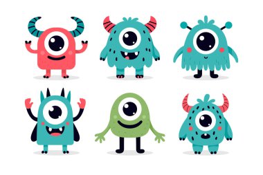 Çocuk kitapları, parti dekorasyonları ve neşeli, oyuncu projeler tasarlamak için çocuk kıyafetleri üzerindeki baskılar için renkli, şirin çizgi film çizimleri. Vektör illüstrasyonu