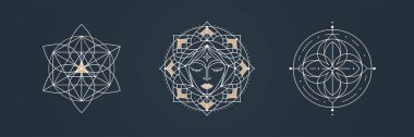 Soyut Kutsal Geometri Logosu Koleksiyonu. Mandalas, Hexagons ve Minimalist Çizgi Sanatı, Ruhsal ve Esrarengiz Tasarımlar için Üçgenler içeren Mistik Geometrik Desenler, vektör çizimleri