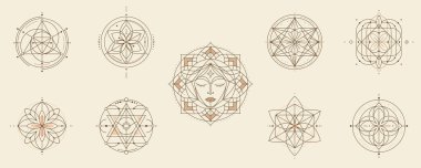 Mistik Kutsal Geometri Sembolleri. Mandalas, Altıgenler, Yaratıcı, Ruhsal ve Esrarengiz Tasarım Üçgenleri içeren Çokgen ve Geometrik Çizgi Sanatı Desenleri. Vektör illüstrasyonu