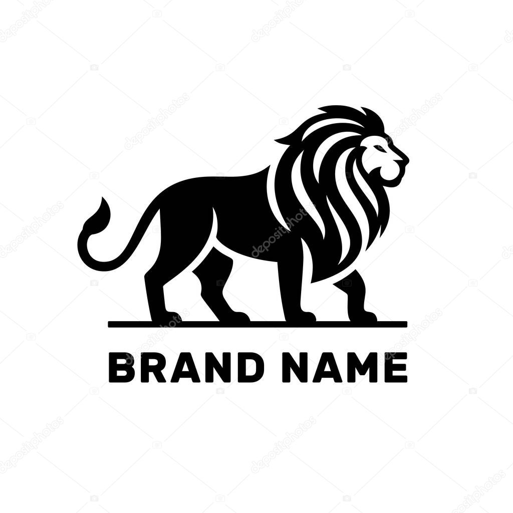 Vector logo of a majestic lion in mid-stride with a flowing mane, designed in strong black silhouette for confident and elegant brand representation