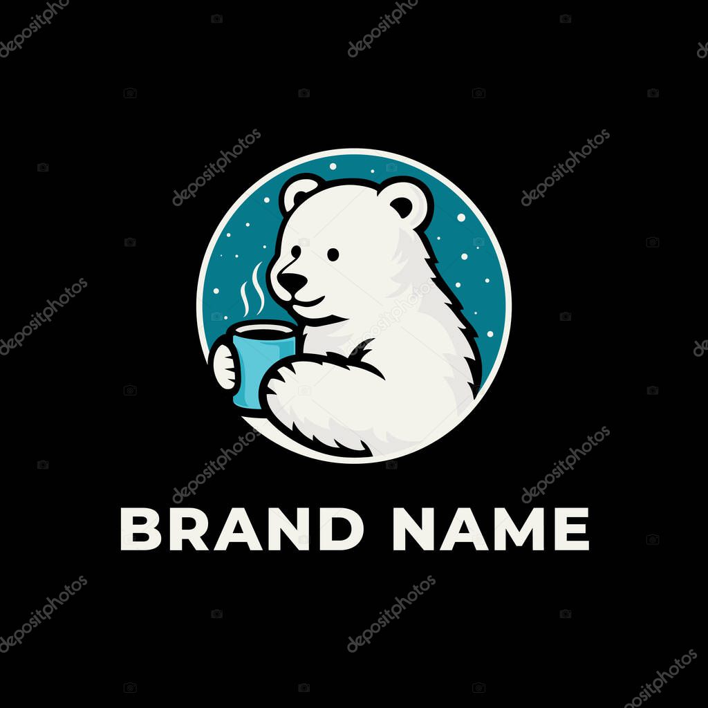 Adorable flat cartoon polar bear mascot logo with a steaming coffee mug. Ideal for winter-themed cafes, childrens brands, or any cozy beverage business. Perfect for branding, apps, and web design.