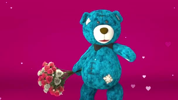一只开着花的玩具熊在红色背景上吸引了一颗心 — 图库视频影像