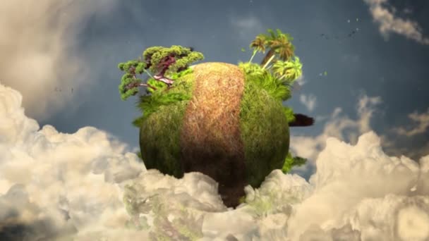 Bulat Volumetric Bumi Dengan Pohon Pohon Dan Burung Berputar Awan — Stok Video
