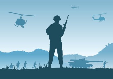 Ordu üssünü savunmak için ayakta duran ve silah tutan askerlerin olduğu bir savaş geçmişi.