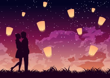 Çiftler birbirlerine sarılır ve yıldızların olduğu bir gecede öpüşürler, yukarıdaki fenerde