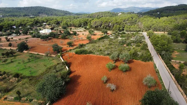 Tembakan Drone Dari Lanskap Berwarna Coklat Ibiza Spanyol — Stok Foto