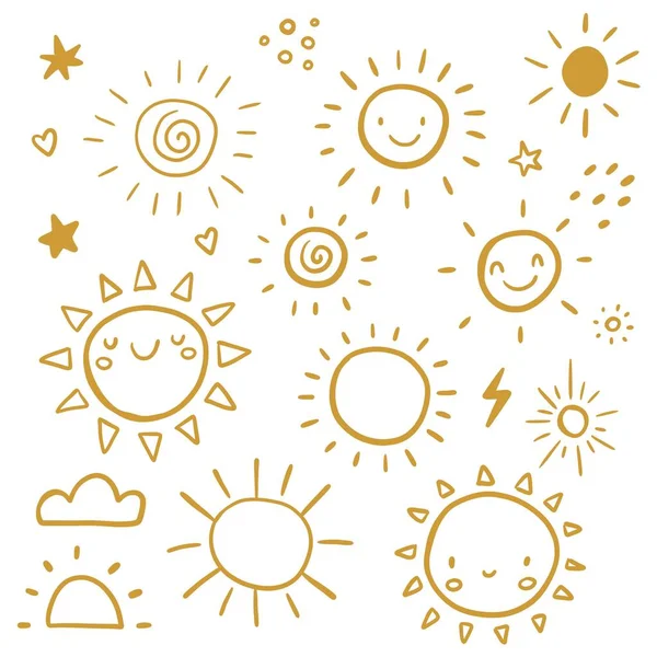 Ładny Zestaw Ikonami Słońca Śmieszne Słońce Szczęśliwy Bazgroły Piękne Postacie — Zdjęcie stockowe